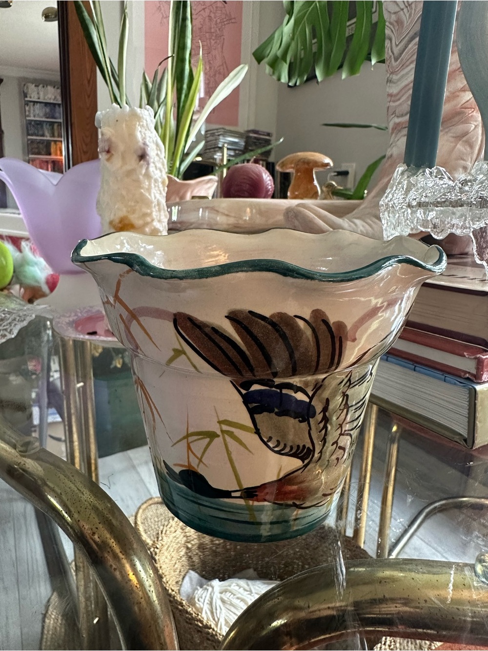 Vintage Hand-Painted Ceramic Flower Pot with Scalloped Rim - Goose